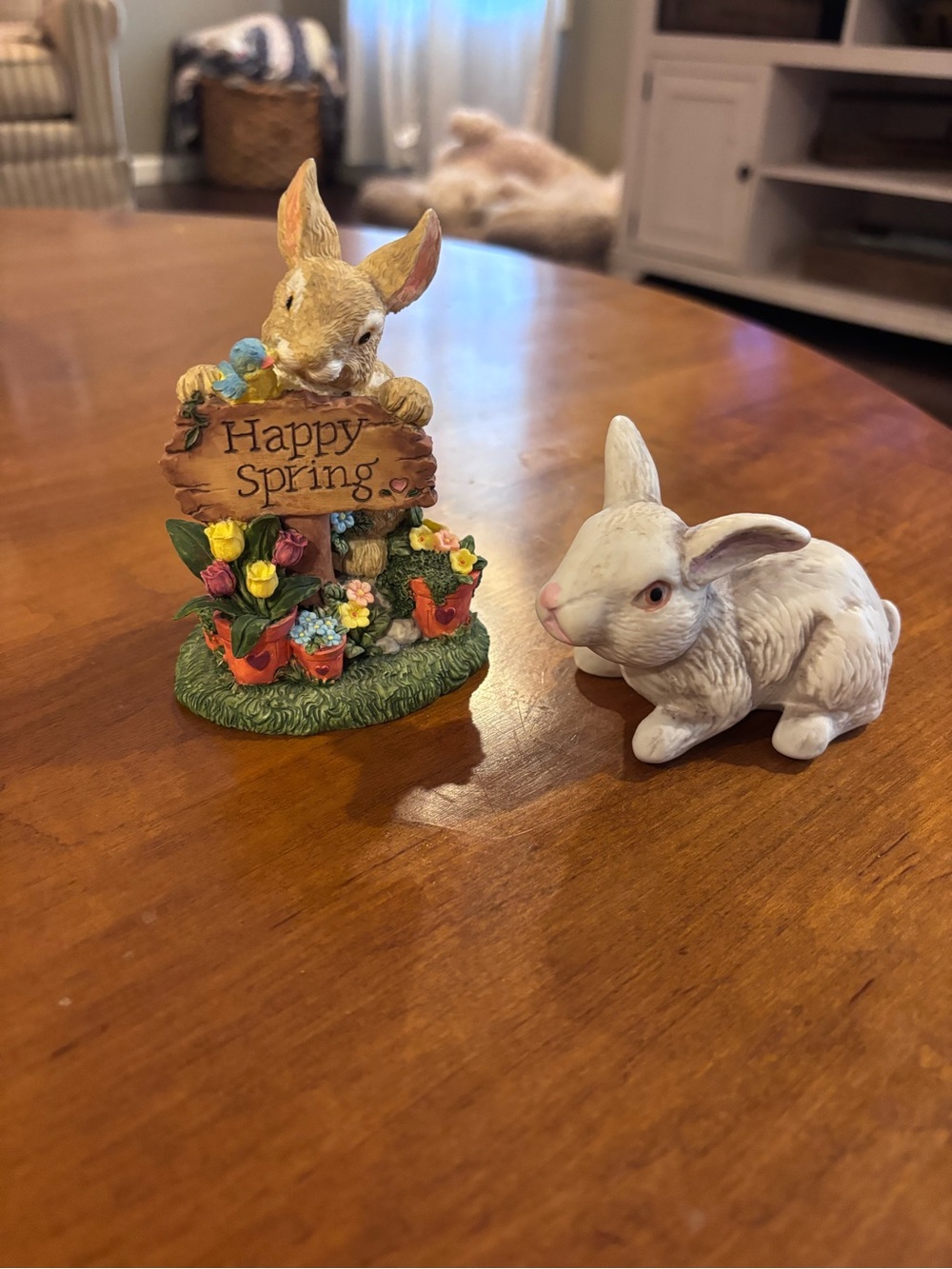 Happy Spring Bunny Figurine & White Rabbit Statue - Pair